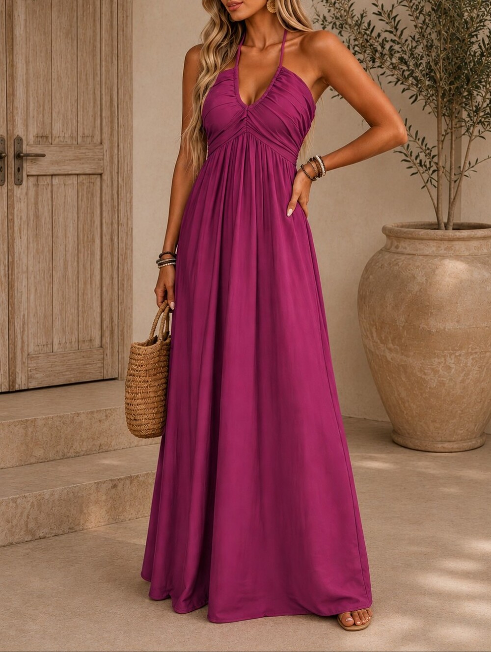 New Tie Halter Smocked Maxi Dress Pink